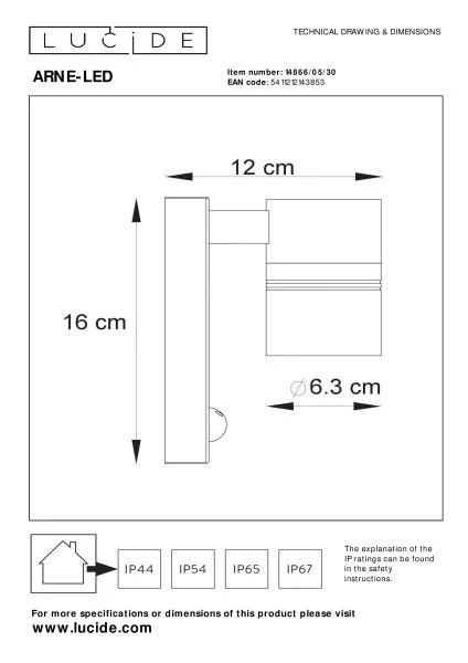 Lucide ARNE-LED IR - Wandspot / Wandlamp Binnen/Buiten - Ø 6,3 cm - LED - GU10 - 1x5W 2700K - IP44 - Beweging & dag/nacht sensor - Zwart - technisch